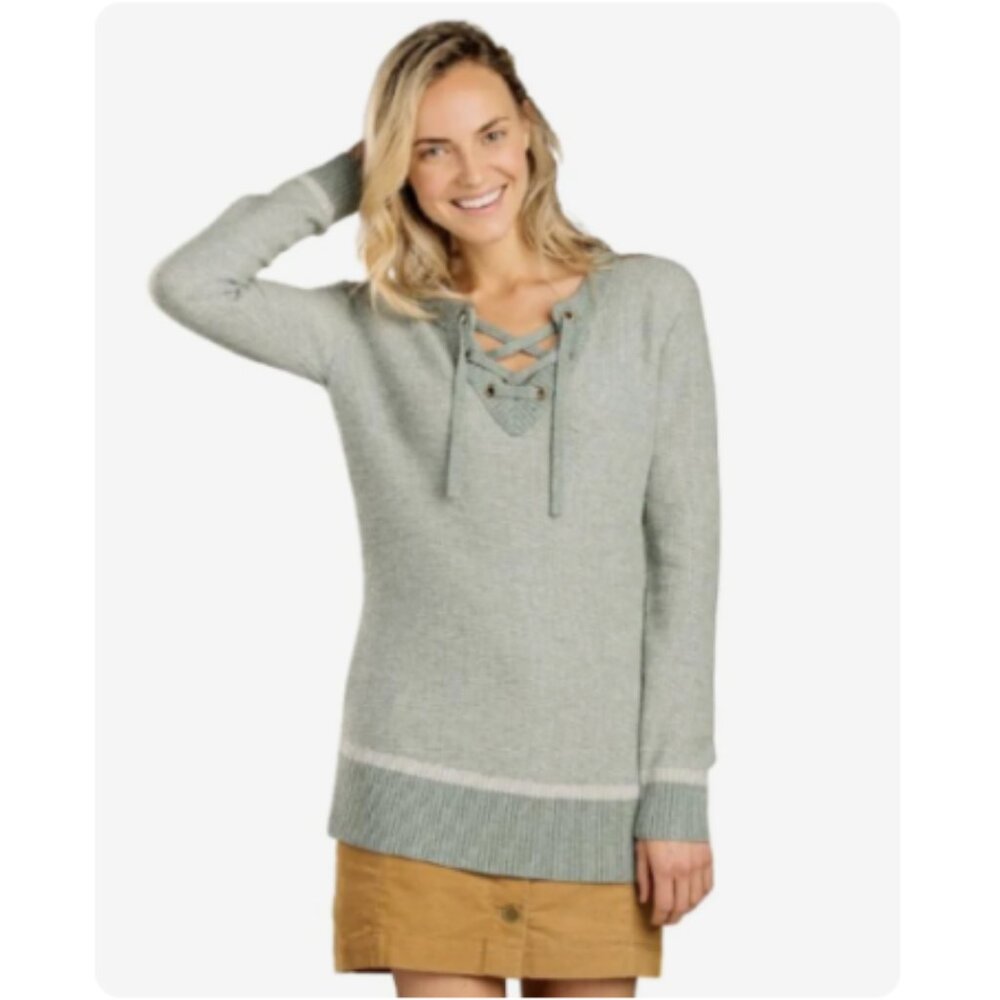 Toad & Co NWT Mitchell Tunic Sweater Lambswool Blend‎ Tie Front Seaspray Blue Sm